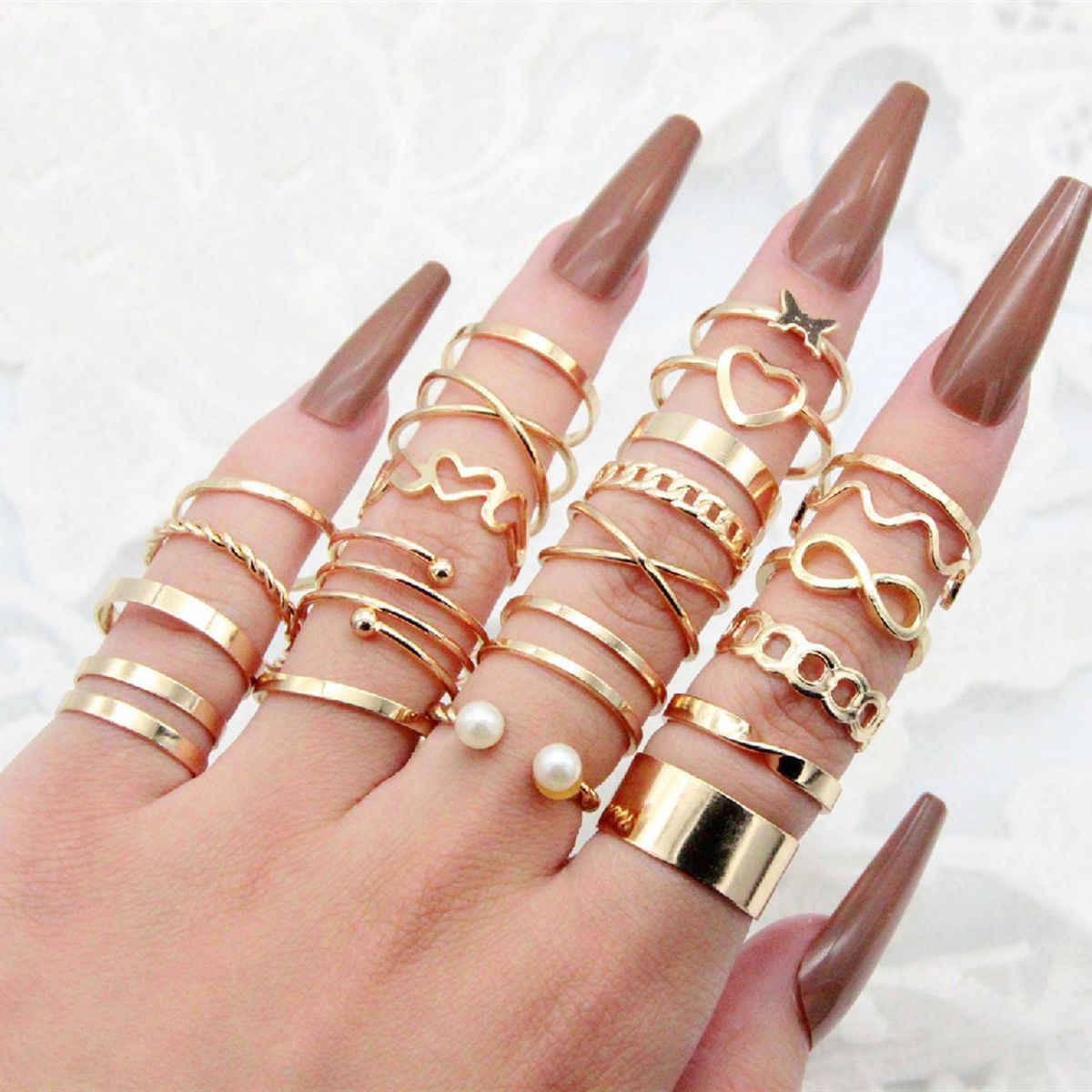 22PcsSet Finger Rings Hollowed-out Heart Decor Ladies Rings Golden
