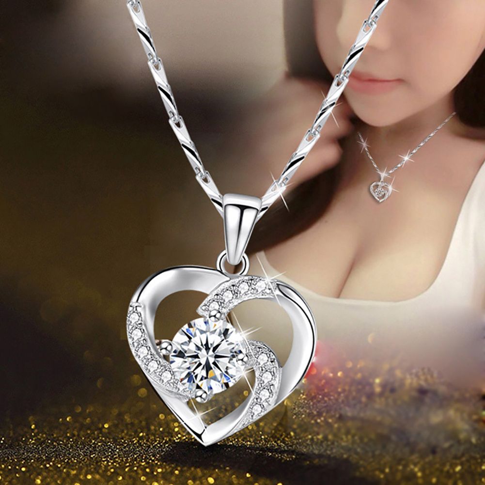 Elegant Women Rhinestone Love Heart Pendant Shiny-White
