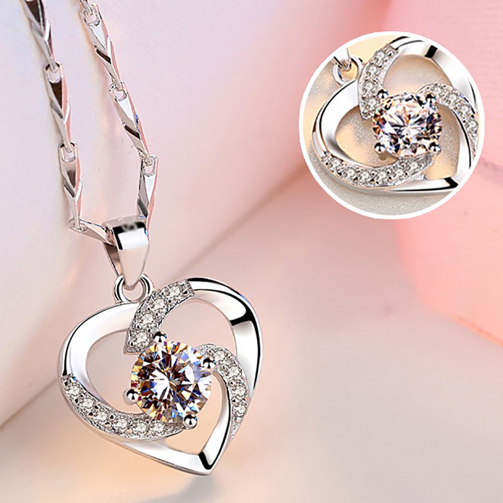 Elegant Women Rhinestone Love Heart Pendant Shiny-White