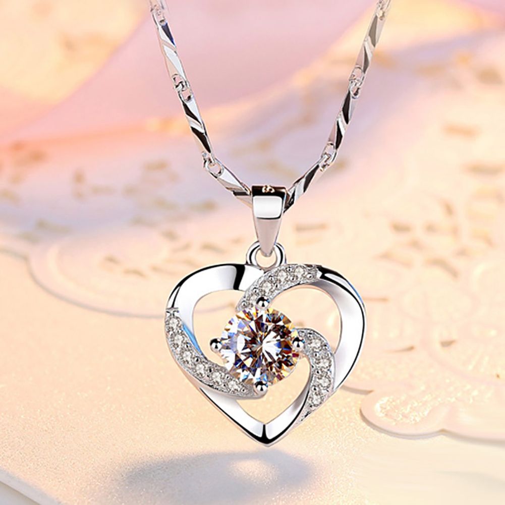 Elegant Women Rhinestone Love Heart Pendant Shiny-White