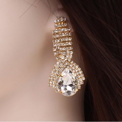 Diamond Drop Shaped Crystal Earrings.-Gold