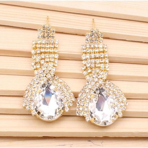 Diamond Drop Shaped Crystal Earrings.-Gold