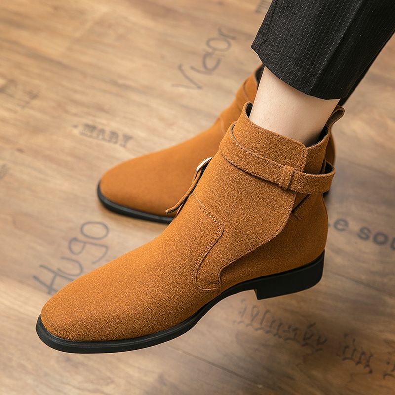 Men Leather Business Boots Pointed Toe Suede High-top Shoes Ankle Martin Chelsea