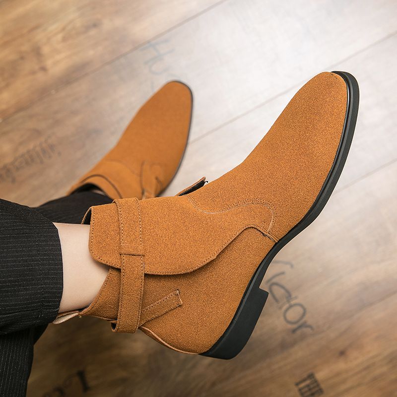 Men Leather Business Boots Pointed Toe Suede High-top Shoes Ankle Martin Chelsea