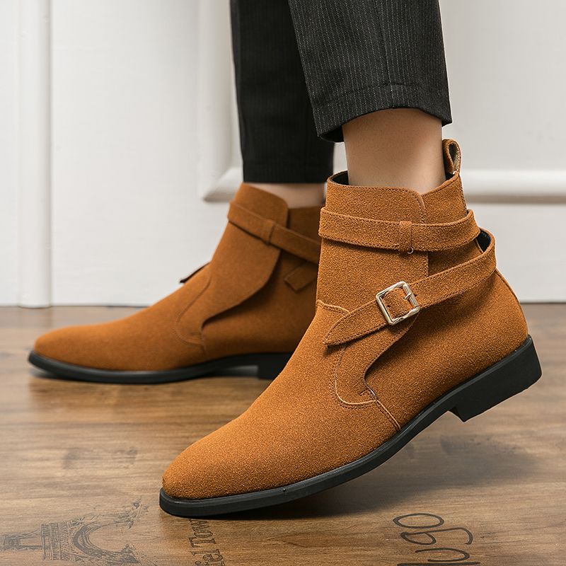 Men Leather Business Boots Pointed Toe Suede High-top Shoes Ankle Martin Chelsea