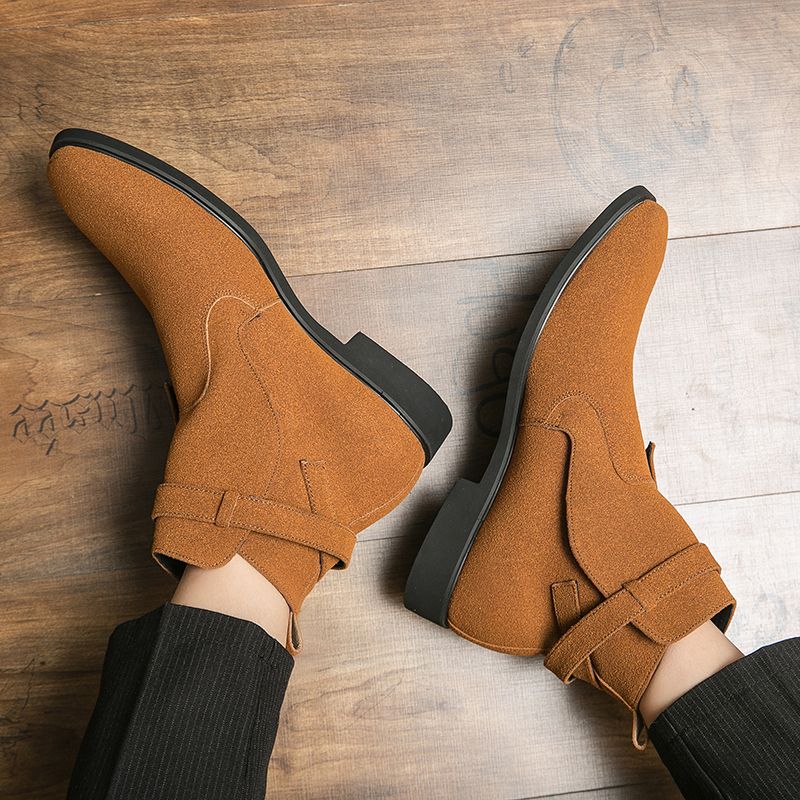 Men Leather Business Boots Pointed Toe Suede High-top Shoes Ankle Martin Chelsea