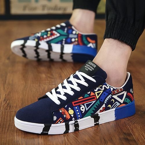 Mens Multicolor Sneakers Lace-up Canvas Shoes-Blue