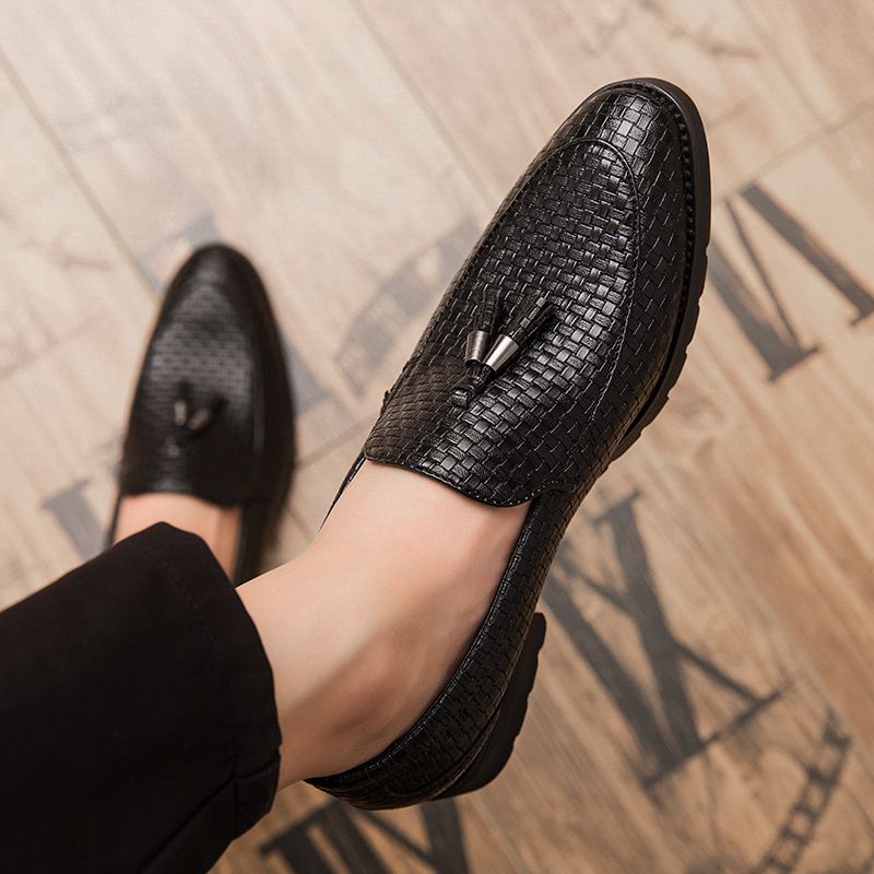 Men's Italian Loafer Oxford Bright Plaid Fringed Leather Corporate Shoes Black