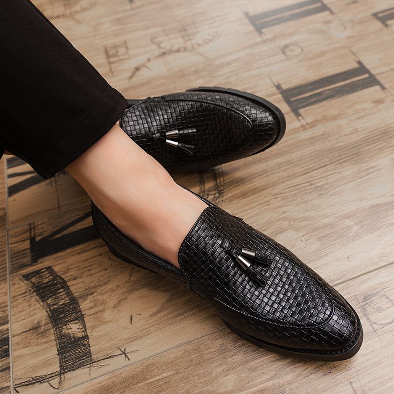 Men's Italian Loafer Oxford Bright Plaid Fringed Leather Corporate Shoes Black