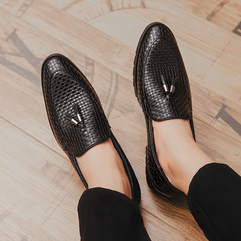 Men's Italian Loafer Oxford Bright Plaid Fringed Leather Corporate Shoes Black