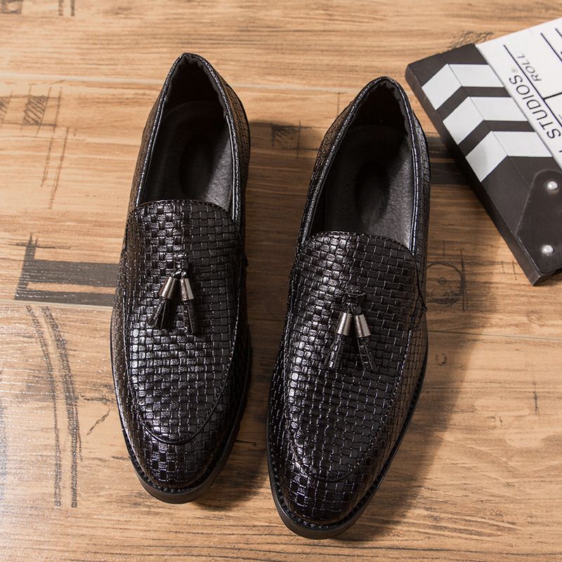 Men's Italian Loafer Oxford Bright Plaid Fringed Leather Corporate Shoes Black