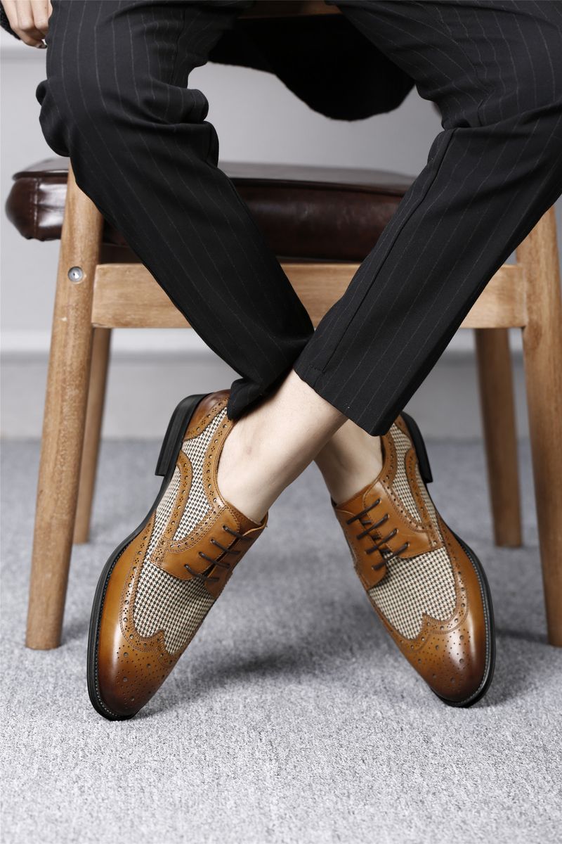 Handcrafted Denim Patchwork Bullock Dress Shoes - Brown