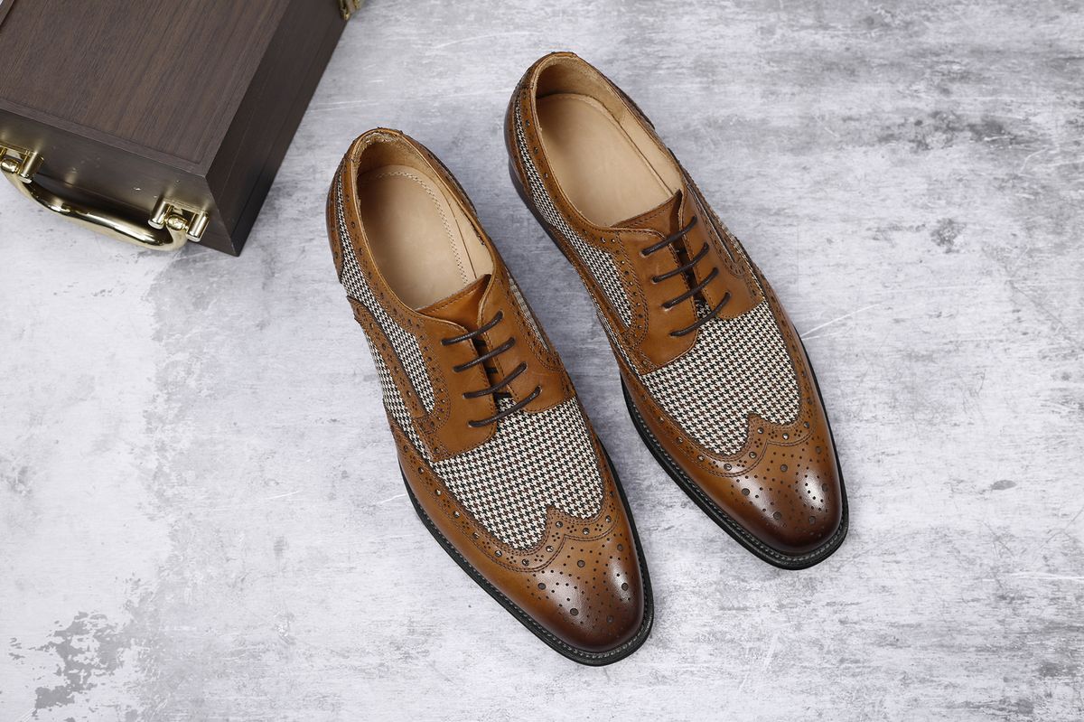 Handcrafted Denim Patchwork Bullock Dress Shoes - Brown