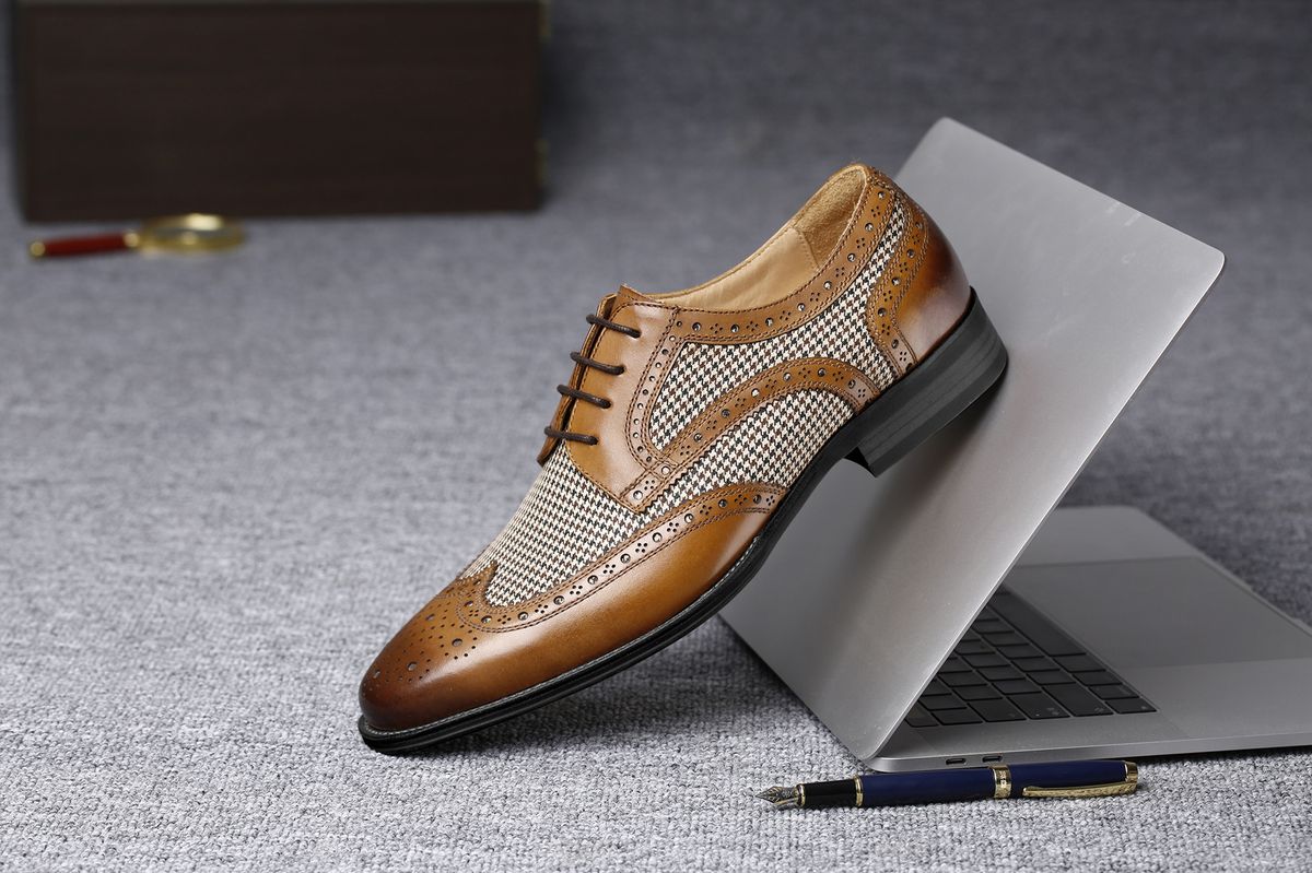 Handcrafted Denim Patchwork Bullock Dress Shoes - Brown