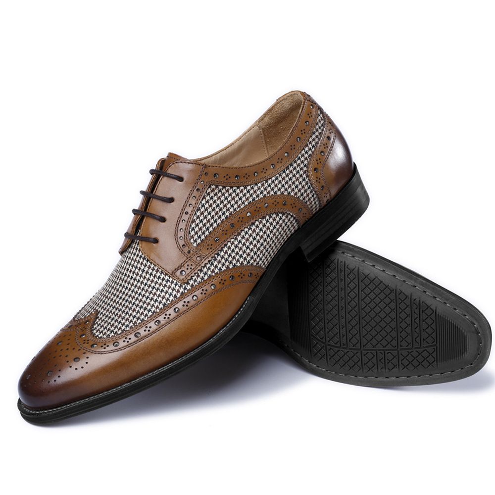 Handcrafted Denim Patchwork Bullock Dress Shoes - Brown