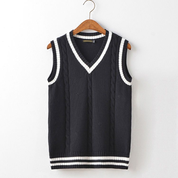 Sweater Vest Men Autumn Winter Plus Velvet V-neck Striped Big Size-Black