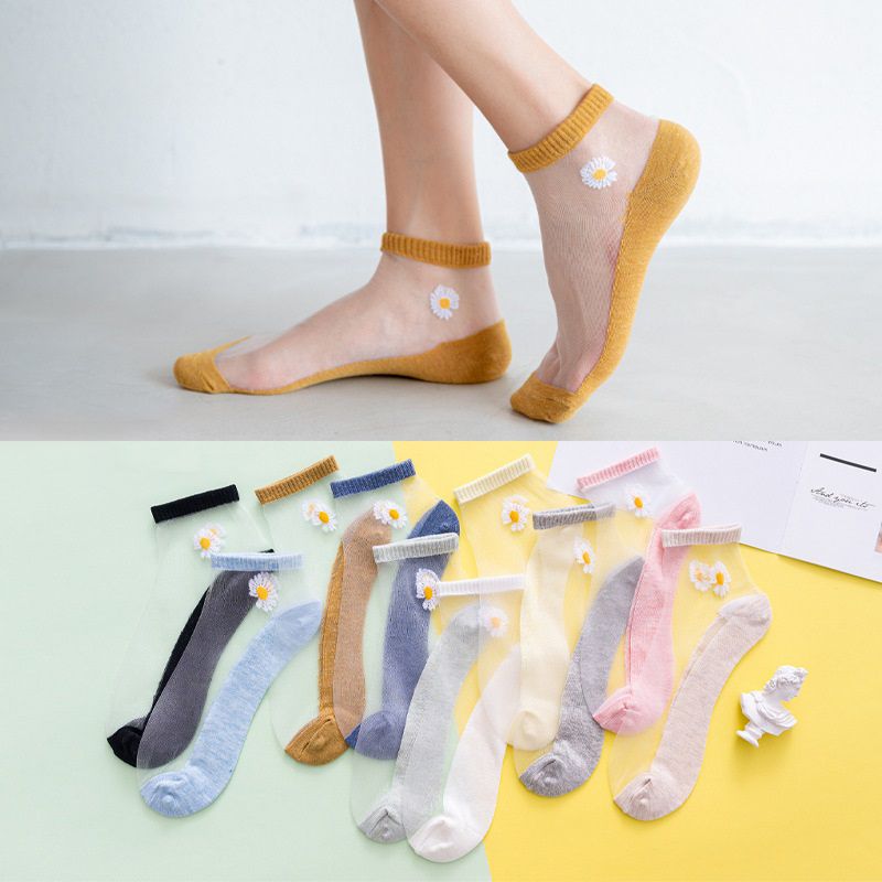 5 Pairs Women Socks Summer Ultrathin Transparent Small Daisies Ankle Socks
