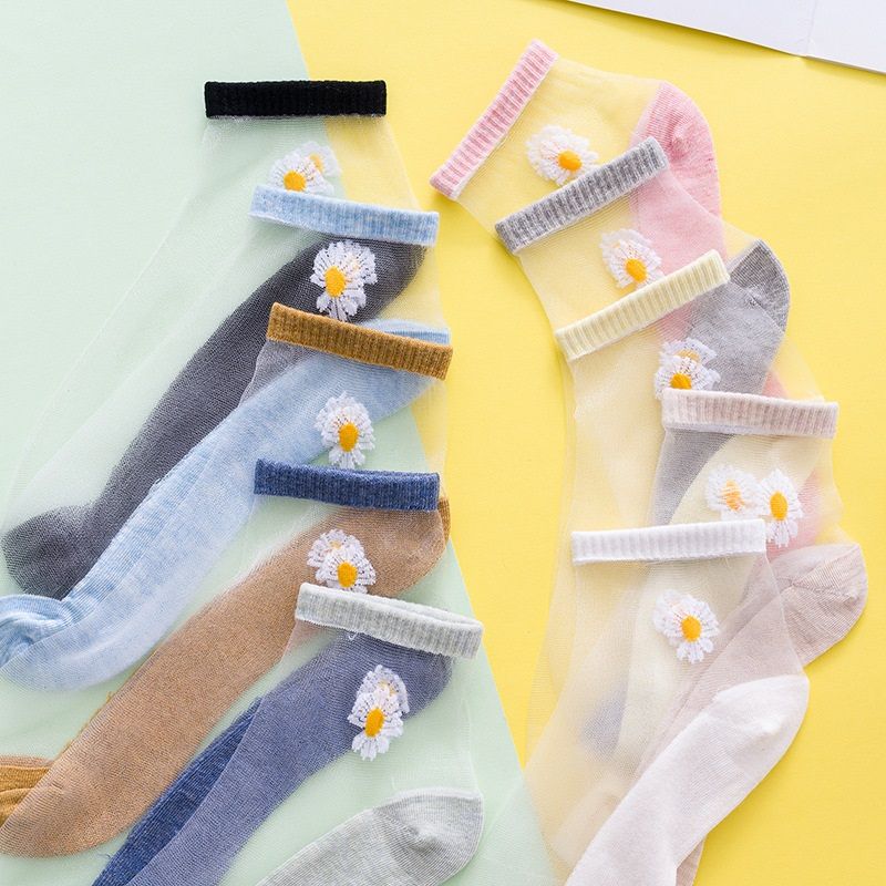5 Pairs Women Socks Summer Ultrathin Transparent Small Daisies Ankle Socks