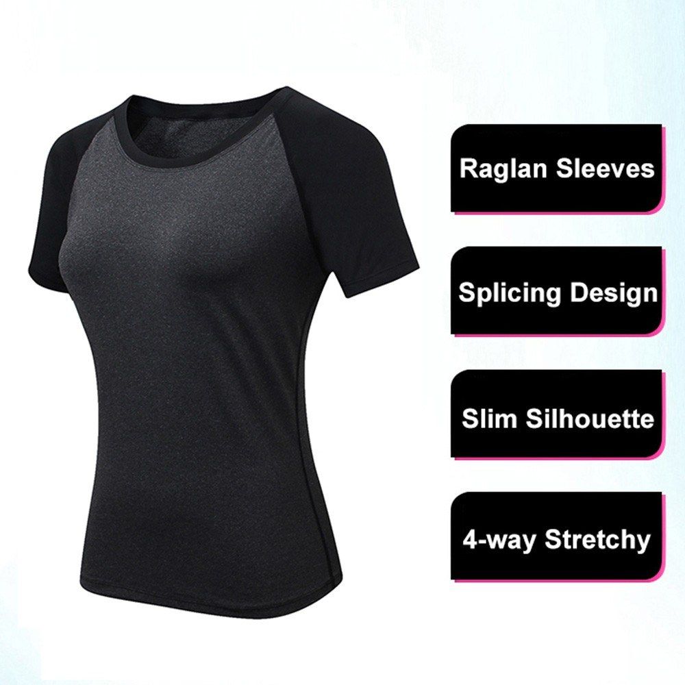 Women Workout T-shirt Raglan Short Sleeves Splicing O Neck