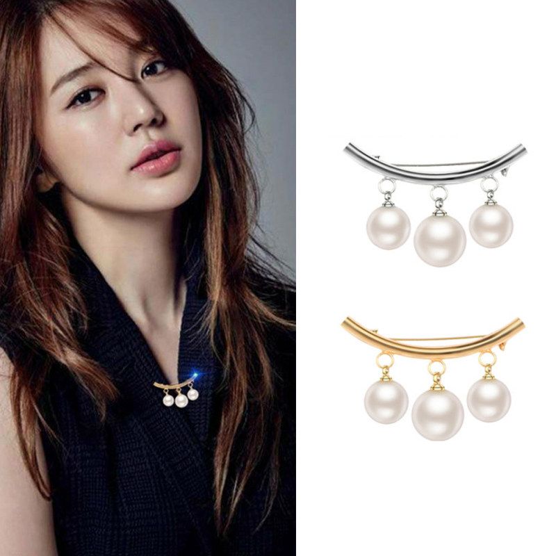 Women Faux Pearl Dangle Brooch Pin Cardigan-Silver