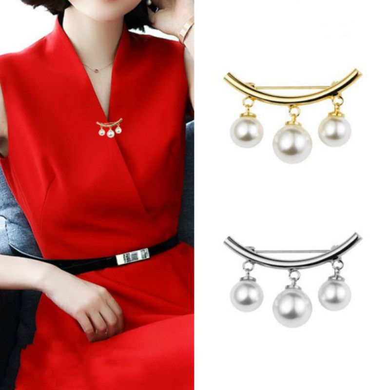 Women Faux Pearl Dangle Brooch Pin Cardigan-Silver