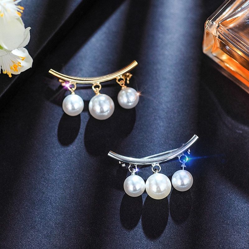 Women Faux Pearl Dangle Brooch Pin Cardigan-Silver