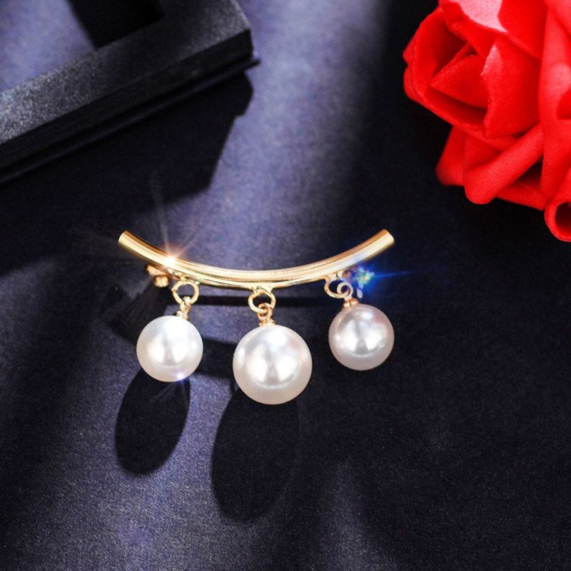 Women Faux Pearl Dangle Brooch Pin Cardigan-Silver