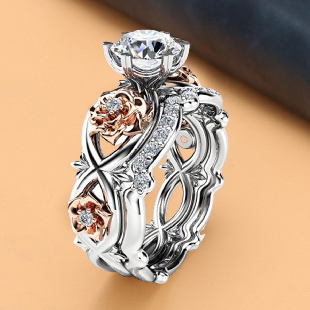 2Pcs Proposal Rings Cubic Zirconia Inlaid Wedding Engagement Rings Jewelry Gift Rose Gold