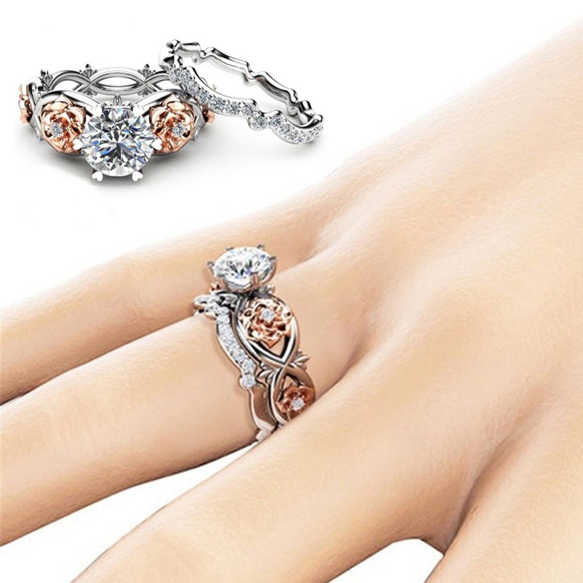 2Pcs Proposal Rings Cubic Zirconia Inlaid Wedding Engagement Rings Jewelry Gift Rose Gold