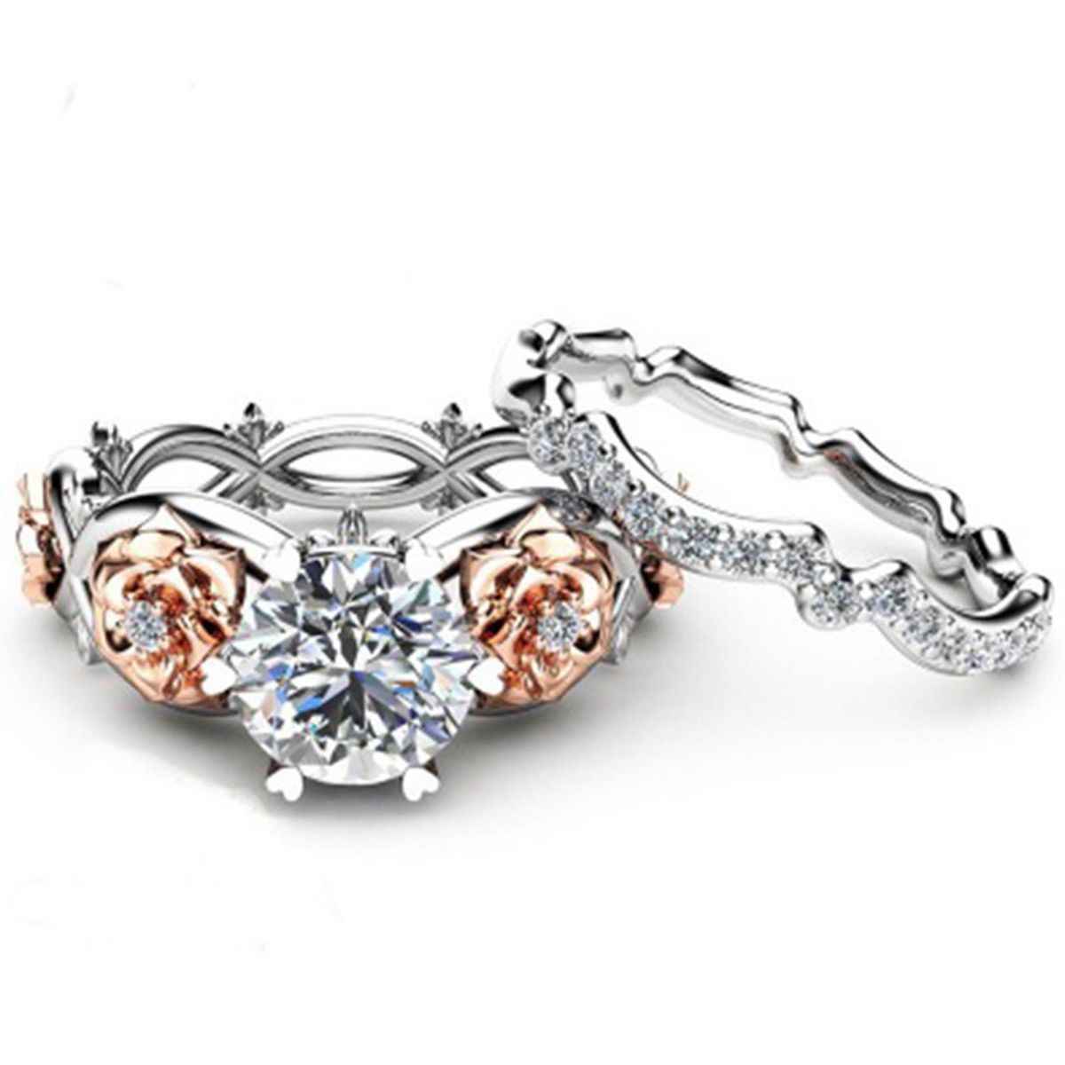 2Pcs Proposal Rings Cubic Zirconia Inlaid Wedding Engagement Rings Jewelry Gift Rose Gold