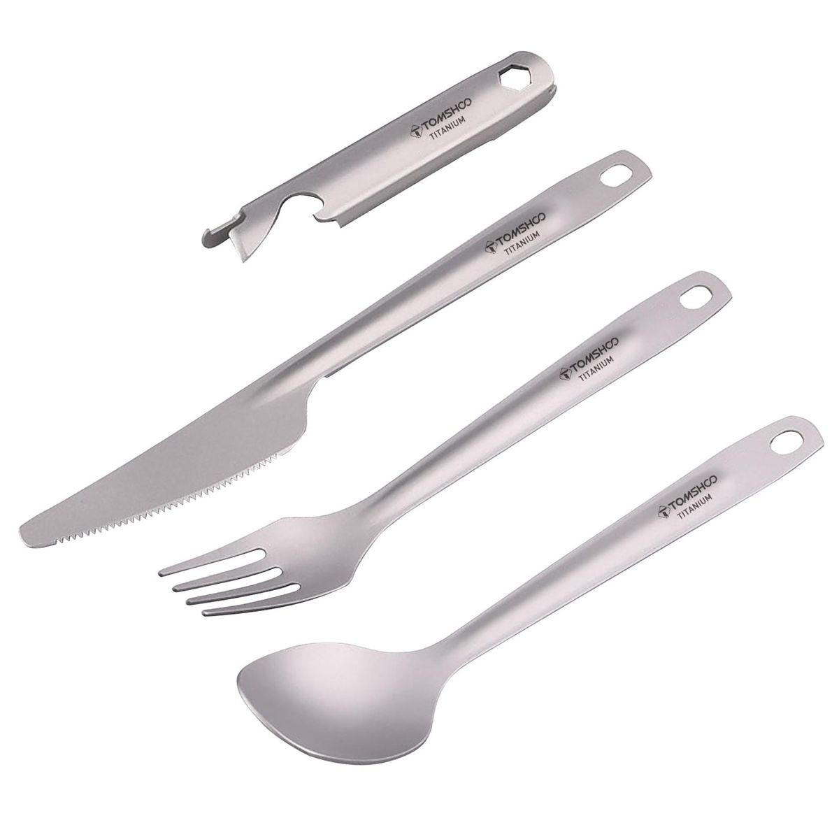 TOMSHOO 4-in-1 Titanium Flatware Cutlery Set Lightweight Dinner Spoon Fork Cutter with Multifunctional Storage Holder Bottle Opener for Camping Hiking Backpacking Picnic