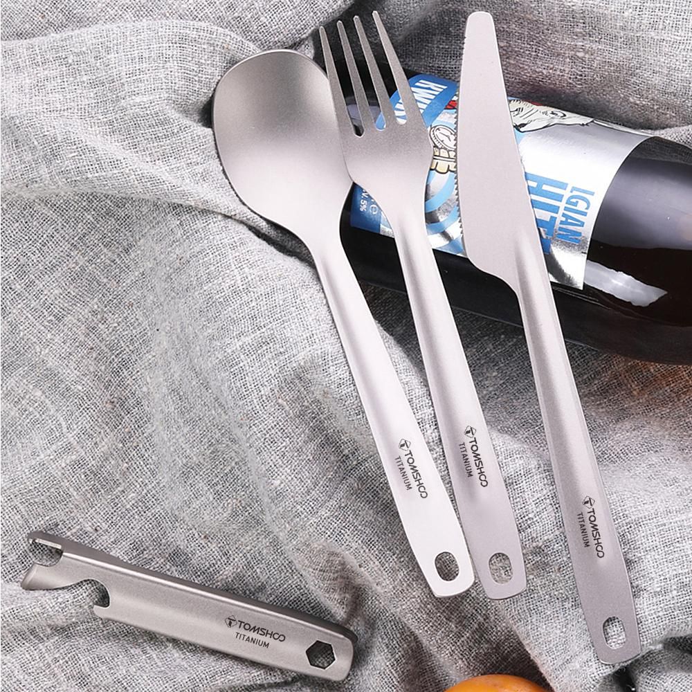TOMSHOO 4-in-1 Titanium Flatware Cutlery Set Lightweight Dinner Spoon Fork Cutter with Multifunctional Storage Holder Bottle Opener for Camping Hiking Backpacking Picnic