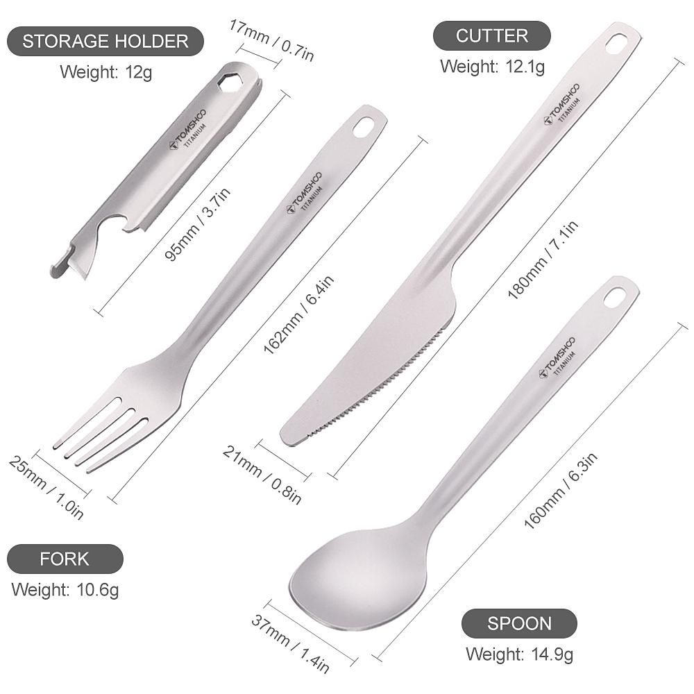 TOMSHOO 4-in-1 Titanium Flatware Cutlery Set Lightweight Dinner Spoon Fork Cutter with Multifunctional Storage Holder Bottle Opener for Camping Hiking Backpacking Picnic