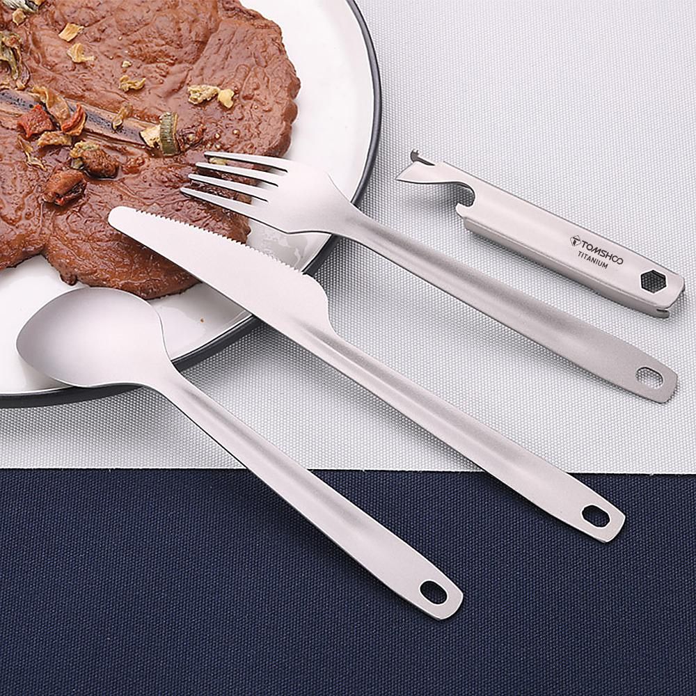 TOMSHOO 4-in-1 Titanium Flatware Cutlery Set Lightweight Dinner Spoon Fork Cutter with Multifunctional Storage Holder Bottle Opener for Camping Hiking Backpacking Picnic