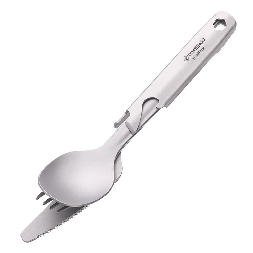 TOMSHOO 4-in-1 Titanium Flatware Cutlery Set Lightweight Dinner Spoon Fork Cutter with Multifunctional Storage Holder Bottle Opener for Camping Hiking Backpacking Picnic