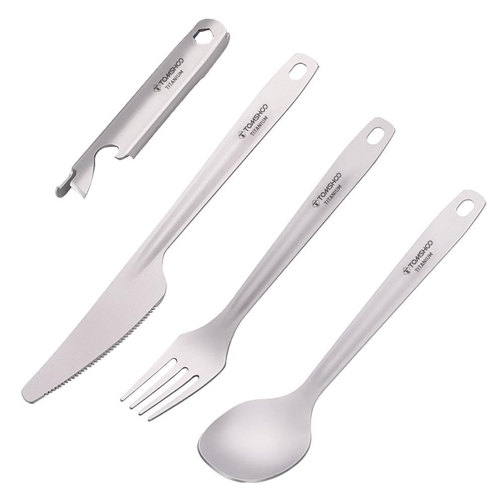 TOMSHOO 4-in-1 Titanium Flatware Cutlery Set Lightweight Dinner Spoon Fork Cutter with Multifunctional Storage Holder Bottle Opener for Camping Hiking Backpacking Picnic