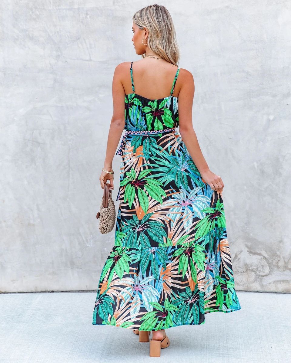 Floral Printed Swing Halter Dress Women Green