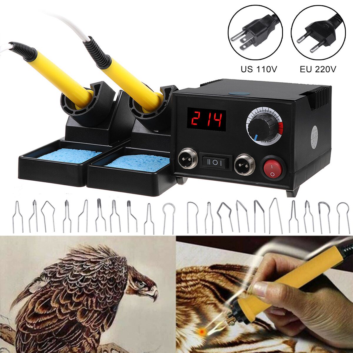 60W Wood Burning Pen Tool Multifunction Craft Pyrography Machine Set Kit EU Plug 220V