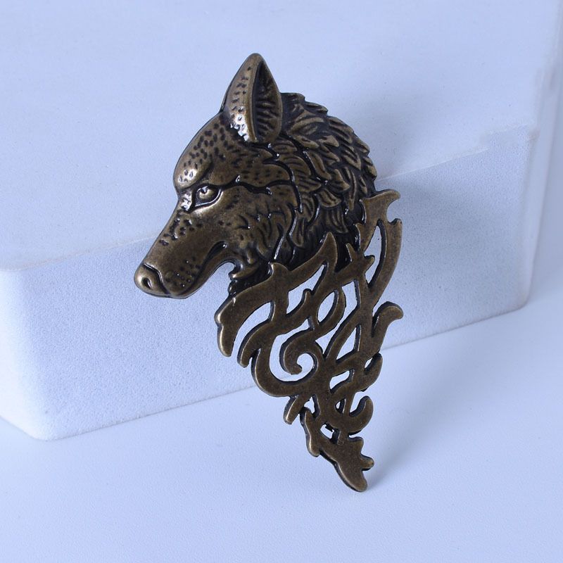 Wolf Head Lapel Brooch Pin Collar  - Copper
