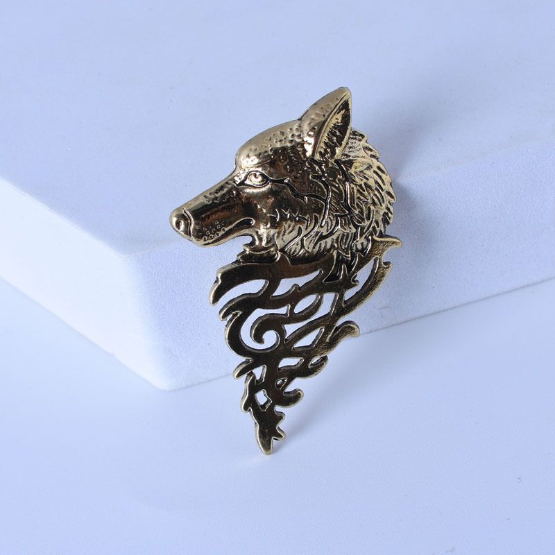Wolf Head Lapel Brooch Pin Collar  - Copper