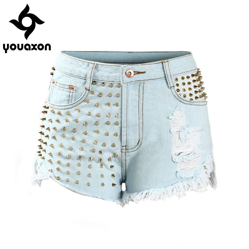 1994 Youaxon Women`s Punk Style Golden Rivets Ripped Denim