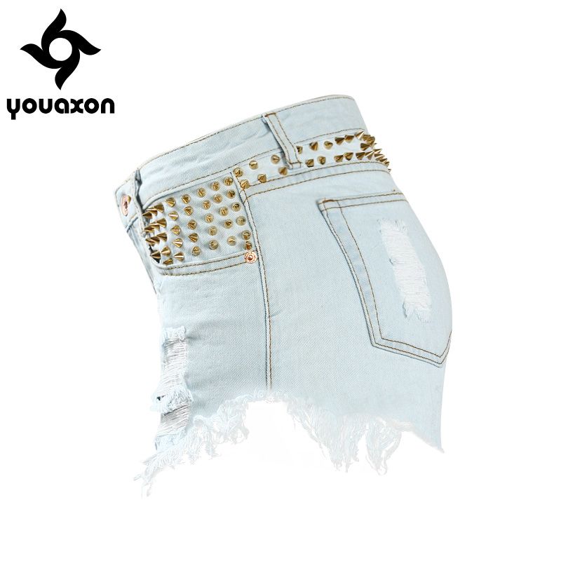 1994 Youaxon Women`s Punk Style Golden Rivets Ripped Denim