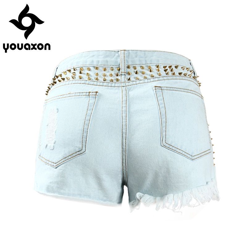 1994 Youaxon Women`s Punk Style Golden Rivets Ripped Denim
