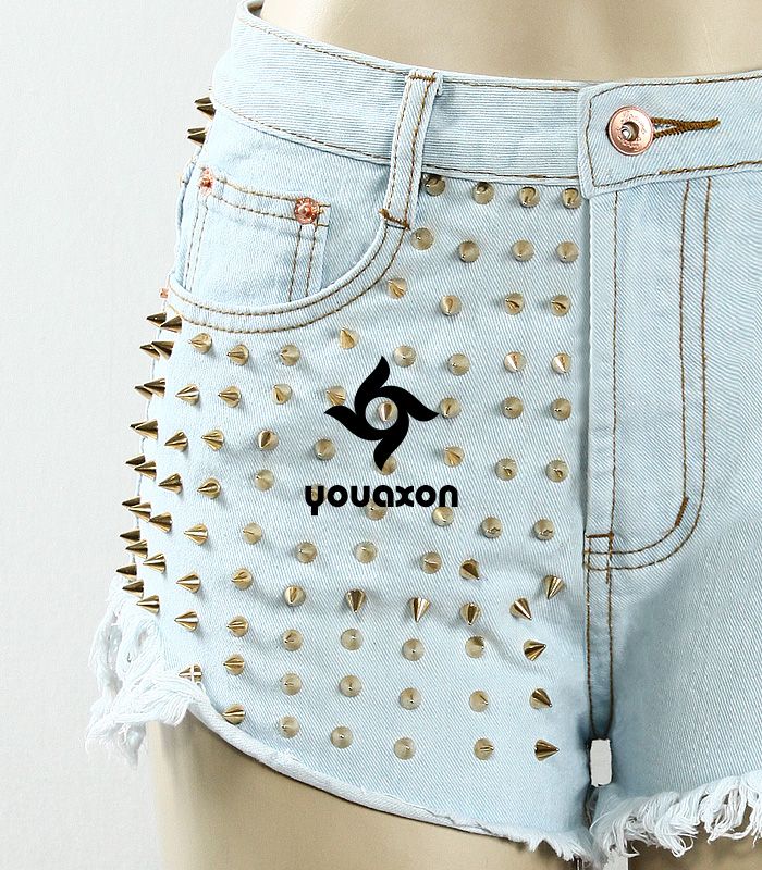 1994 Youaxon Women`s Punk Style Golden Rivets Ripped Denim