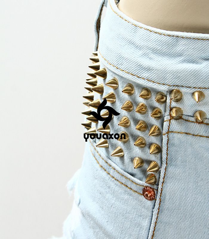 1994 Youaxon Women`s Punk Style Golden Rivets Ripped Denim