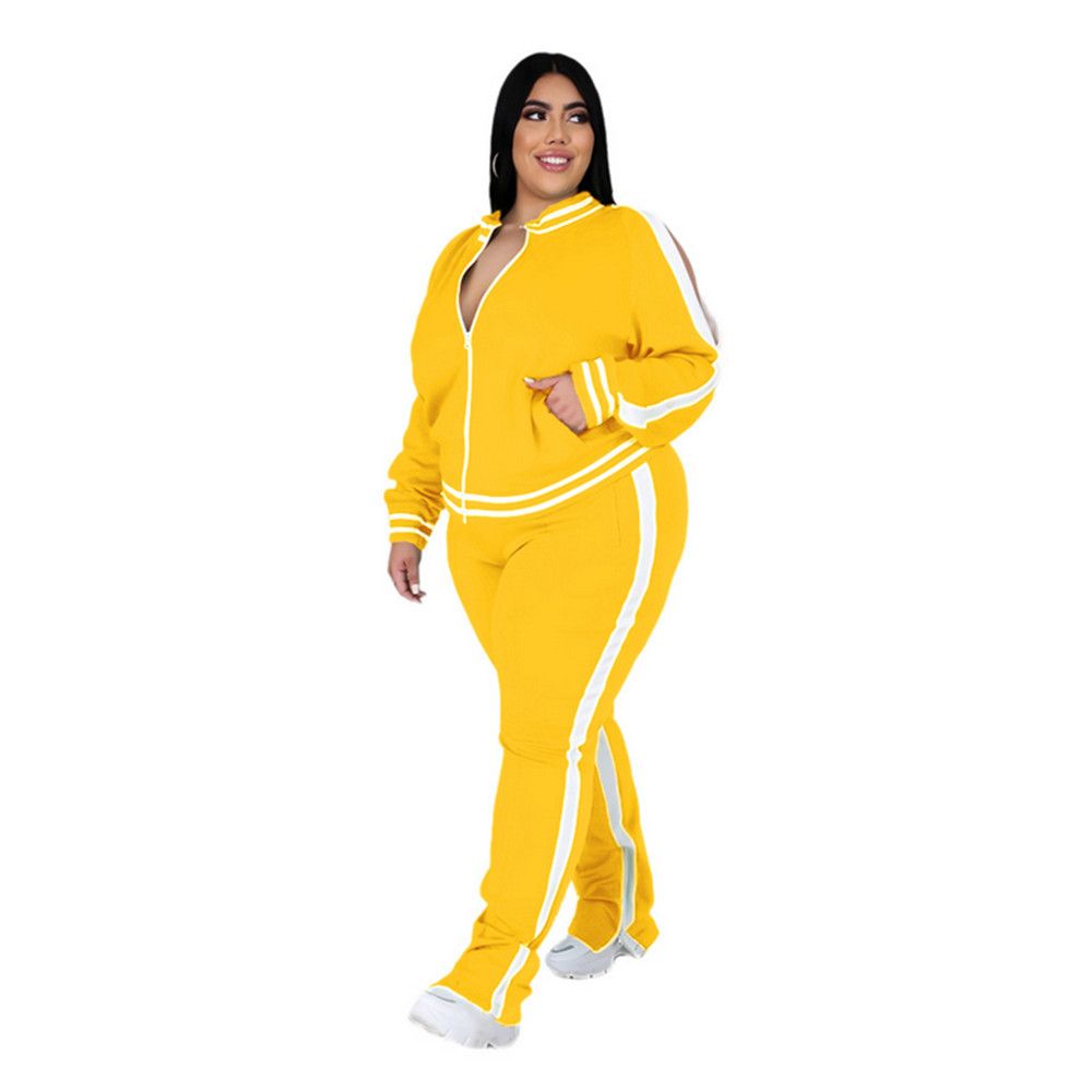 Women Plus Size Clothing 2 Piece Set Long Sleeve Sweatshirt-Yellow