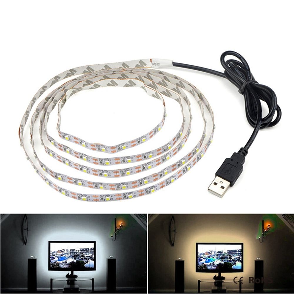 USB Power SMD 3528 Epoxy LED Strip Light Christmas Desk Decor Lamp For TV Background Lighting, Length:1m(White Light)