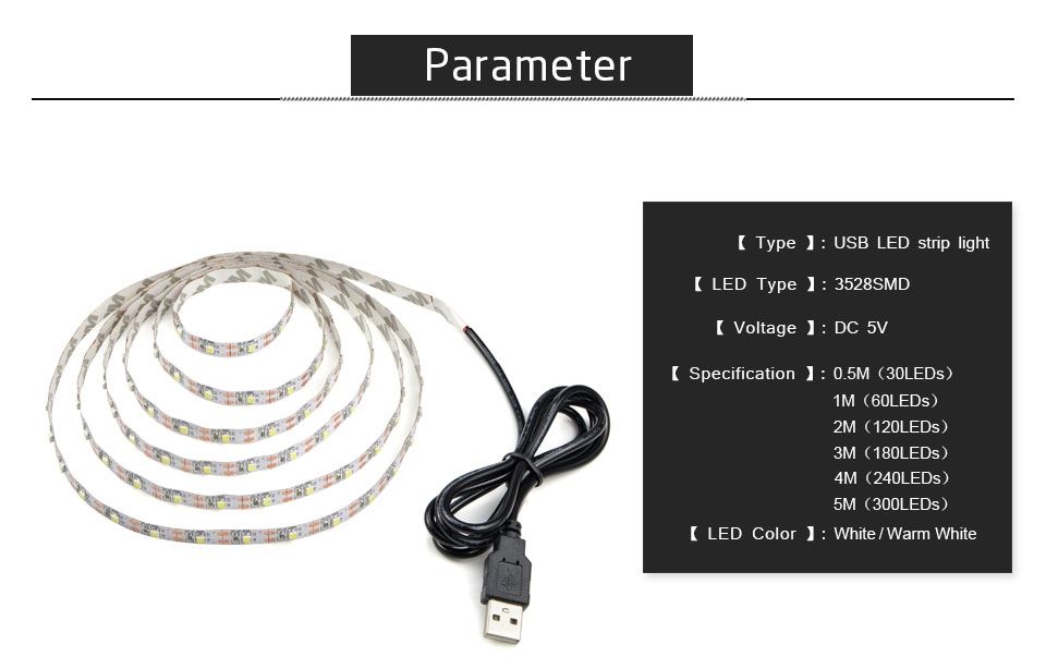 USB Power SMD 3528 Epoxy LED Strip Light Christmas Desk Decor Lamp For TV Background Lighting, Length:1m(White Light)
