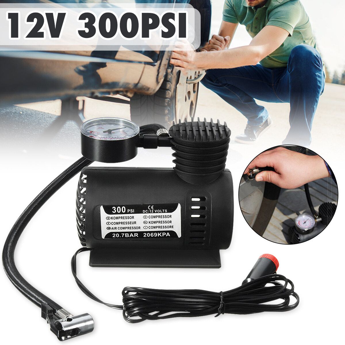 12V 300 PSI Electric Portable Car Air Pump Multifunctional Metal Cylinder Air Pump Car Tire Pump