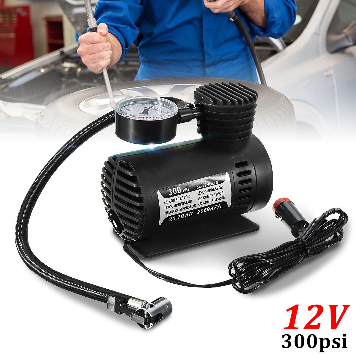 12V 300 PSI Electric Portable Car Air Pump Multifunctional Metal Cylinder Air Pump Car Tire Pump